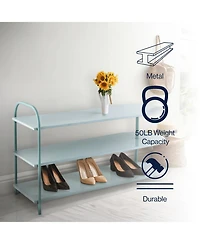 Jonathan Y Modern 24" 9-Pair 3-Tier Iron Curved Decker Shoe Rack, Two-Tone Mint