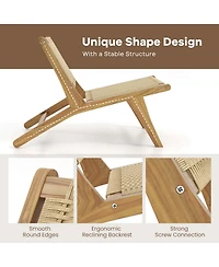 Costway 1 Pcs Teak Wooden Chair with Braided Rope Seat & Backrest Mid Century Modern Accent Chair