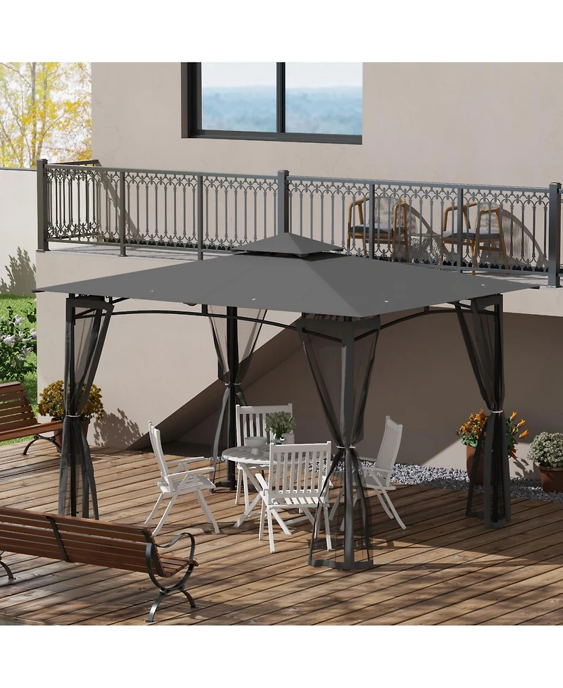 Outsunny 10' x 12' Patio Gazebo with Netting and 2 Tier Roof, Gray