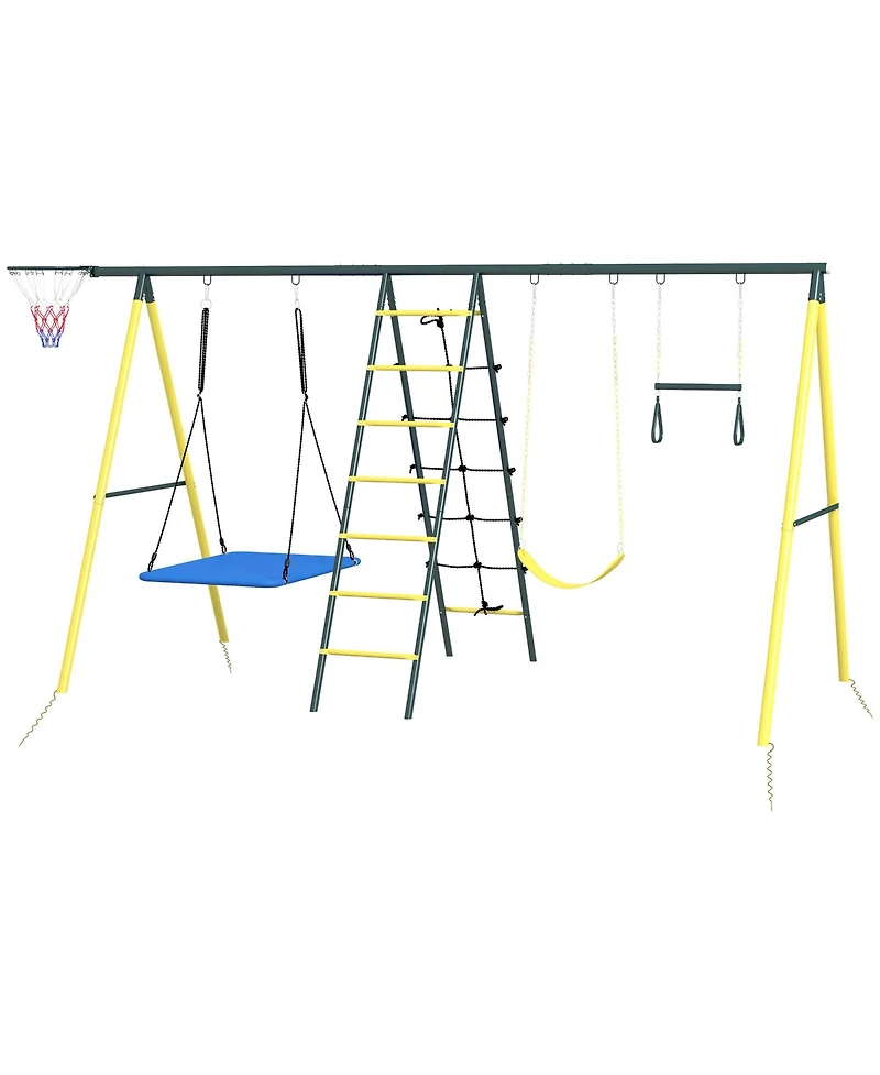 Outsunny Metal Swing Set for Backyard, 5 in 1 Design for Ages 3-8, Yellow