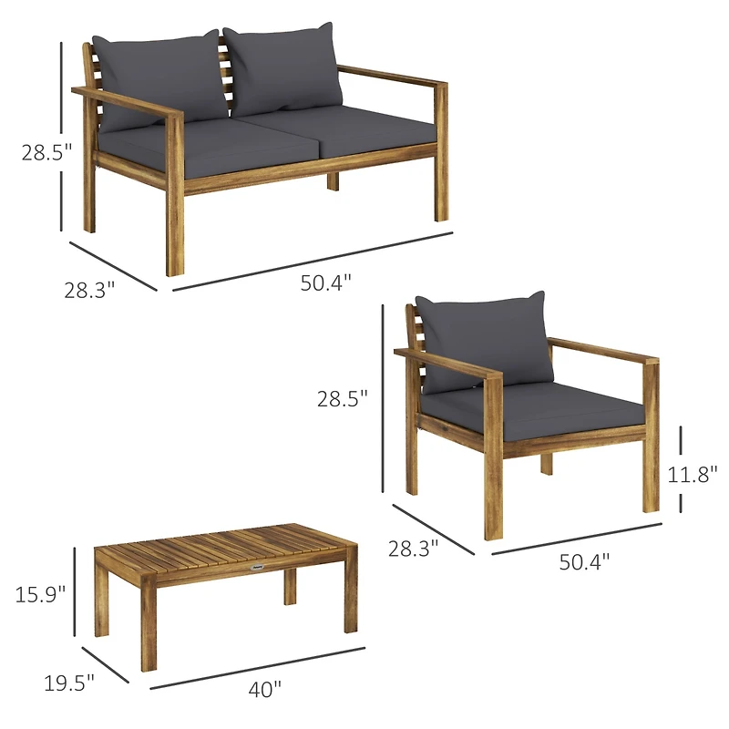 Outsunny 4pc Wood Outdoor Patio Furniture Set with Table, Cushions,
