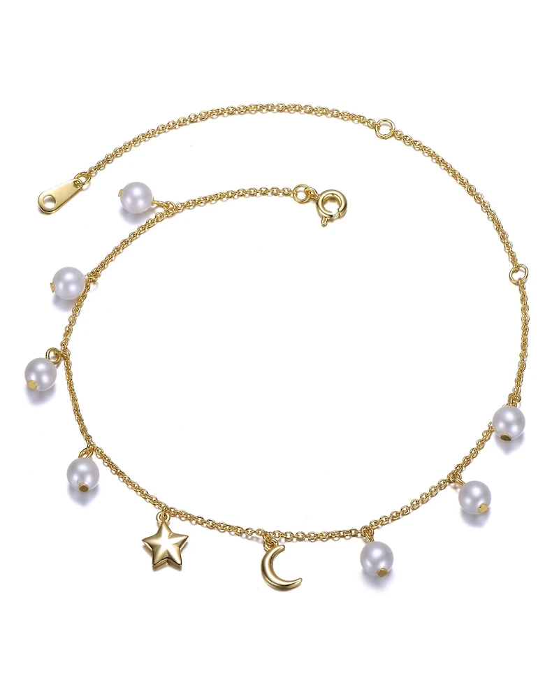 Sterling Silver 14k Gold Plated Anklet with White Pearls and Charms