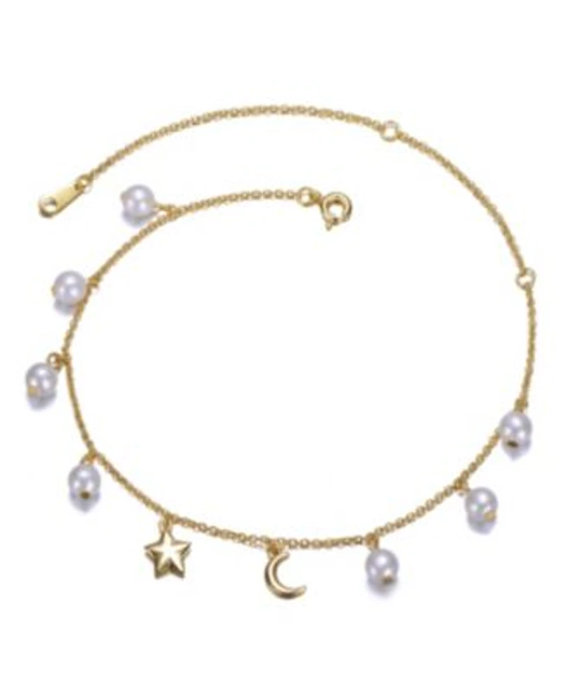Rachel Glauber Sterling Silver 14k Gold Plated Anklet With White Pearls Charms