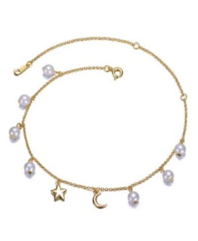 Rachel Glauber Sterling Silver 14k Gold Plated Anklet With White Pearls Charms