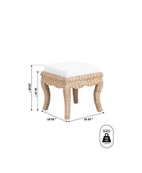 Jonathan Y Rowan 19.7" Bohemian Designer Woven Rattan/Wood Vanity Stool, White Cushion with Natural Frame