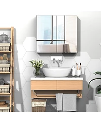 kleankin 2 Door Floating Restroom Bathroom Vanity Mirror W/3-Tier Storage Shelves 24"x22"