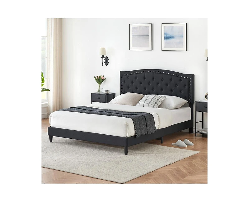 gaomon Upholstered Bed Frame with Height-Adjustable Headboard, Linen Platform Bed Frame Mattress Foundation with Wooden Slats Support, No Box Spring N
