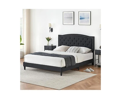 gaomon Upholstered Bed Frame with Height-Adjustable Headboard, Linen Platform Bed Frame Mattress Foundation with Wooden Slats Support, No Box Spring N