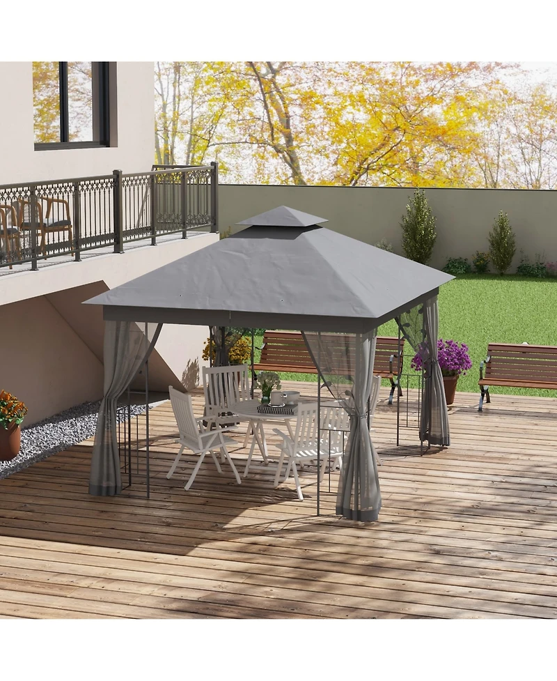 Outsunny 10' x 10' Metal Patio Gazebo, Double Canopy, Tree Motifs,