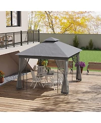 Outsunny 10' x 10' Metal Patio Gazebo, Double Canopy, Tree Motifs,