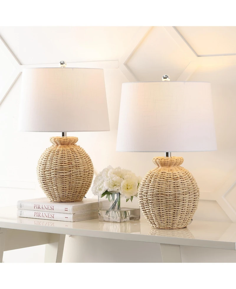 Jonathan Y Nora 22" Rustic Coastal Rattan Globe Led Table Lamps, Brown (Set of 2)