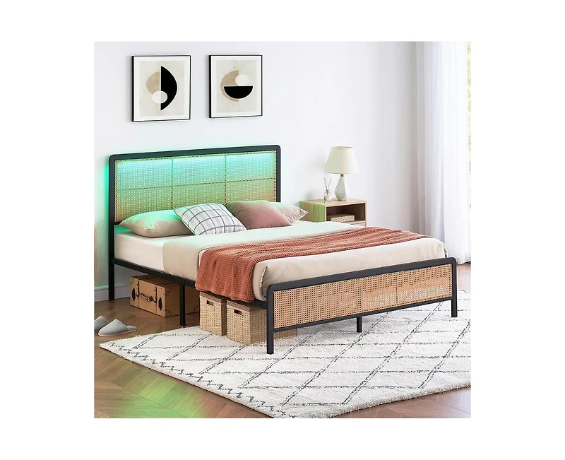 gaomon Queen Bed Frame with Led Lights, Metal Platform Bed Frame with Braided Design Headboard and Footboard, Noise Free Queen Size Mattress Foundatio