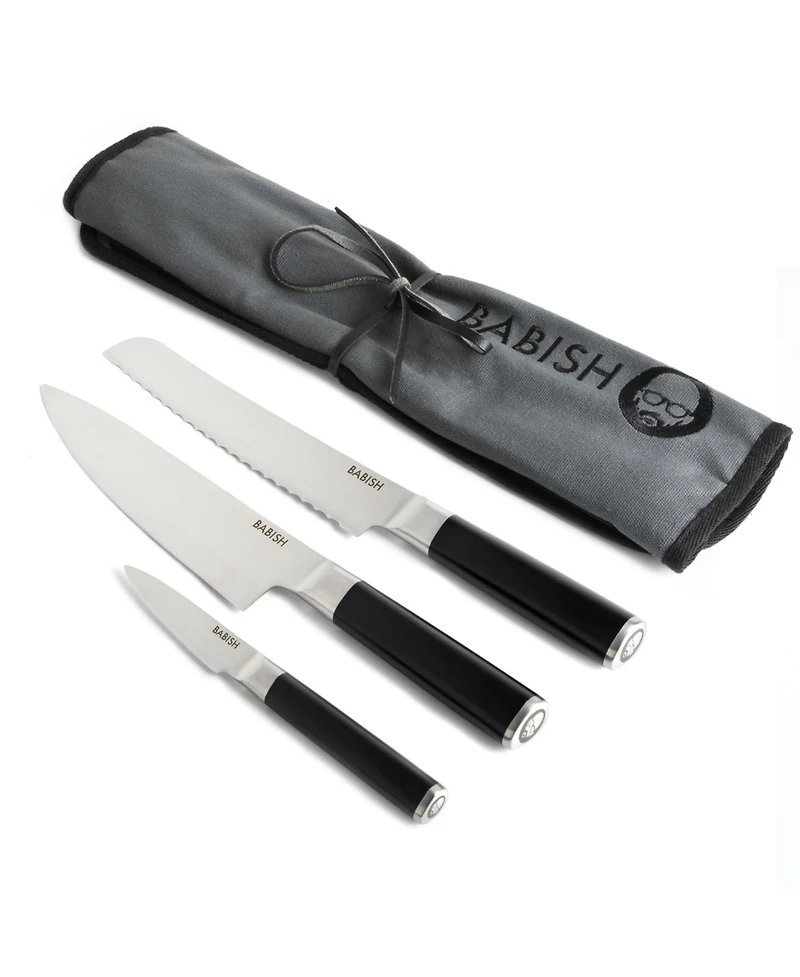 Babish German High-Carbon 1.4116 Steel Cutlery, 3-Piece (Chef Knife, Bread Knife, & Pairing Knife) w/Knife Roll