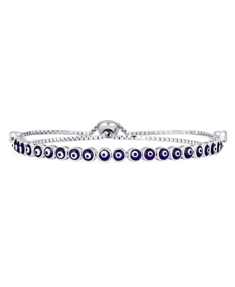 Bling Jewelry Round Shape Spiritual Protection Thin Layering Navy Blue Evil Eye Bolo Slide Style Bracelet .925 Sterling Silver Adjustable