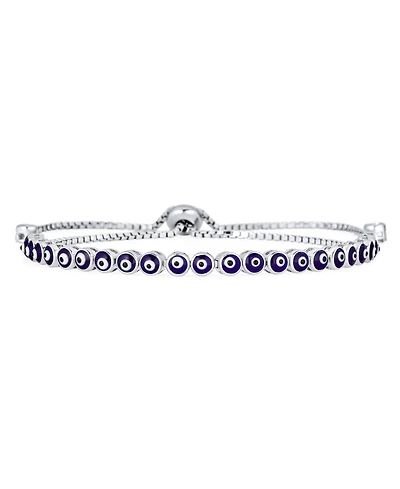 Bling Jewelry Round Shape Spiritual Protection Thin Layering Navy Blue Evil Eye Bolo Slide Style Bracelet .925 Sterling Silver Adjustable