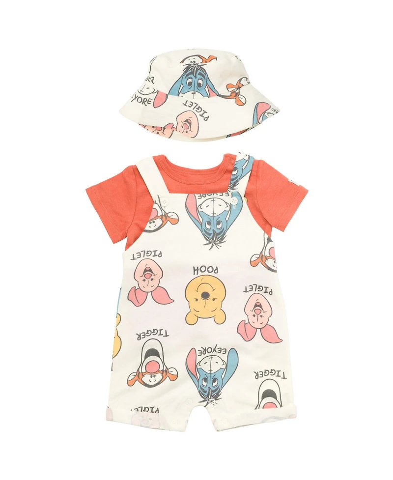 Winnie the Pooh Baby Boys Tigger French Terry Short Overalls T-Shirt and Hat 3 Piece Outfit Set