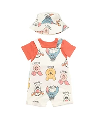 Winnie the Pooh Baby Boys Tigger French Terry Short Overalls T-Shirt and Hat 3 Piece Outfit Set