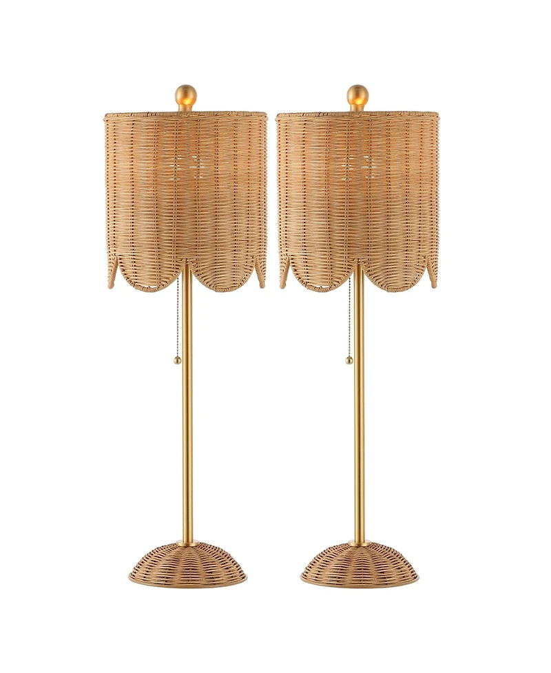 Jonathan Y Celerie 27.5" Coastal Bohemian Rattan/Iron Scalloped Buffet Led Table Lamp with Pull Chain, Natural/Brass Gold (Set of 2)