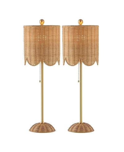 Jonathan Y Celerie 27.5" Coastal Bohemian Rattan/Iron Scalloped Buffet Led Table Lamp with Pull Chain, Natural/Brass Gold (Set of 2)