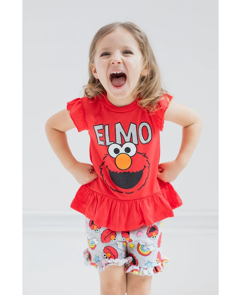 Sesame Street Little Girls Elmo Peplum T-Shirt and French Terry Shorts Outfit Set
