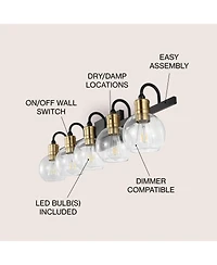 Jonathan Y Marais 36.5" 5-Light Iron/Glass Rustic Vintage Led Vanity Light, Black/Brass Gold
