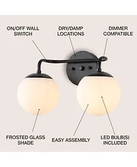 Jonathan Y Louis Parisian Globe 15" 2-Light Metal/Frosted Glass Modern Contemporary Led Vanity Light, Black