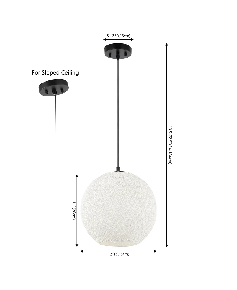 Jonathan Y Lacey 12" 1-Light Bohemian Minimalist Iron/Rope Woven Globe Led Pendant, White/Black