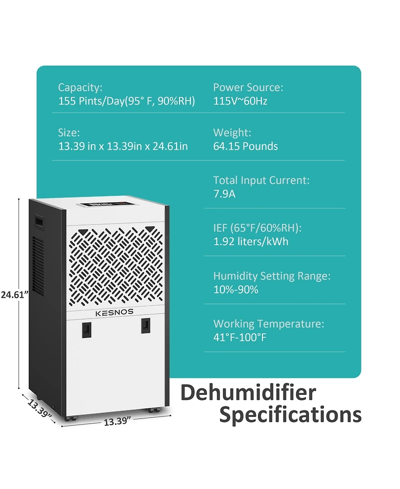 Kesnos 155 Pint Commercial Dehumidifier for Space up to 8000 Sq. Ft