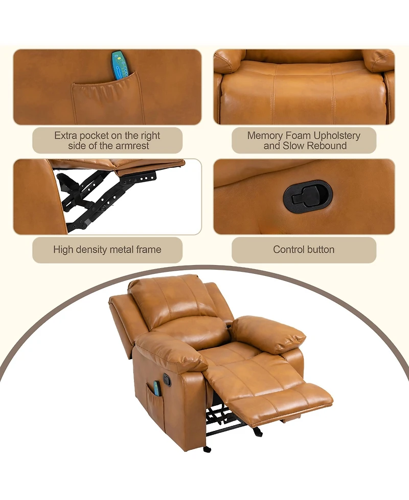 Boyel Living Heavy Duty Faux Leather 8-Point Massage Glider Recliner with Remote Control and Side Pocket