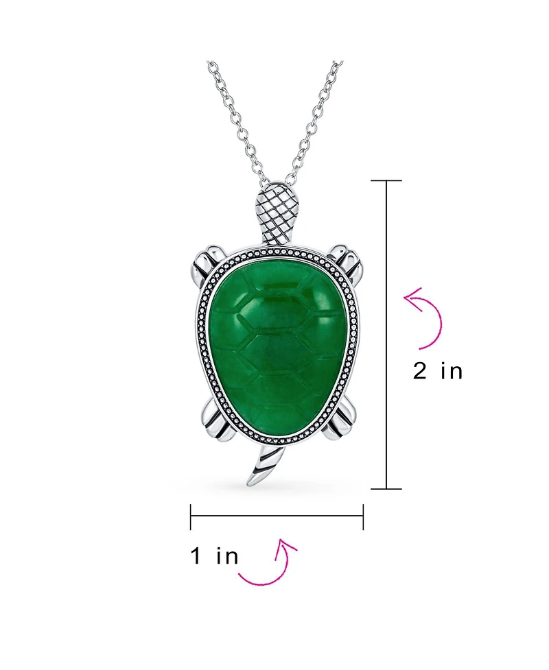 Bling Jewelry Large Nautical Tropical Beach Vacation Green Natural Jade Sea Turtle Pendant Statement Necklace Sterling Silver Oxidized
