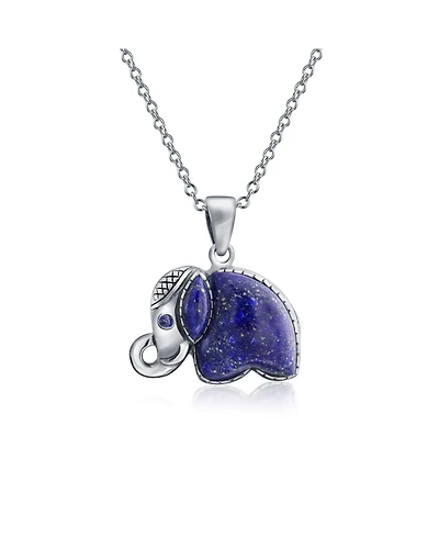 Bling Jewelry Bali Style Tribal Longevity Blue Natural Lapis Lazuli Indian Elephant Pendant Necklace Oxidized Sterling Silver
