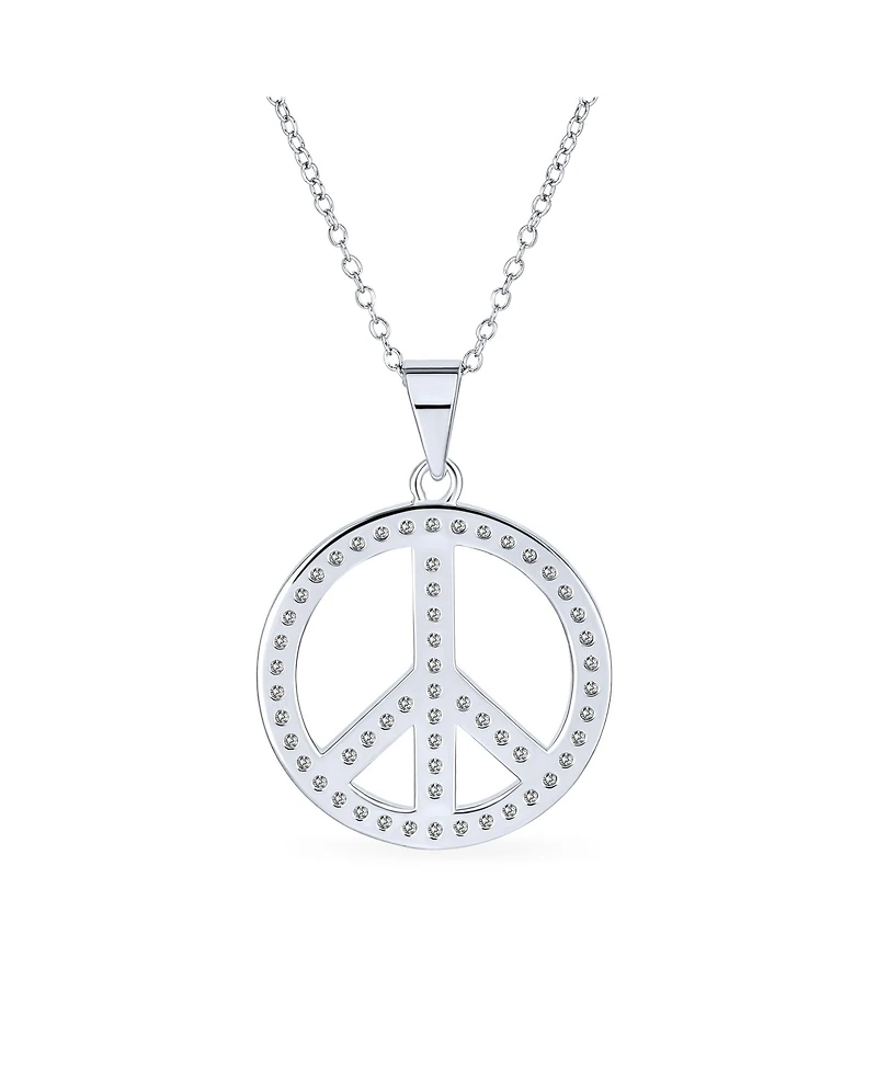 Bling Jewelry Pave Cubic Zirconia Cz Open Peace Sign Pendant Necklace Sterling Silver With Chain
