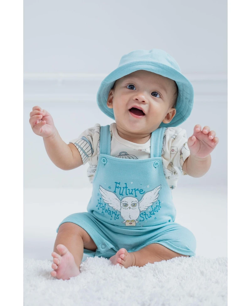 Harry Potter Baby Boys Hermione Hedwig Ron Weasley French Terry Short Overalls T-Shirt & Hat 3 Piece Outfit Newborn to