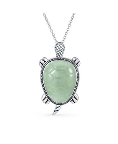 Bling Jewelry Large Nautical Tropical Beach Vacation Light Green Natural Jade Sea Turtle Pendant Statement Necklace Sterling Silver Oxidized