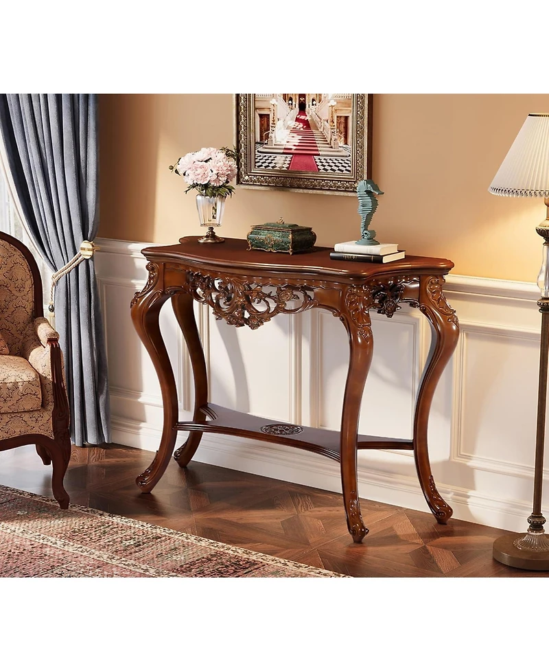 Tribesigns Antique Console Table, 38 Inch Victorian Half Moon Sofa Table with Hollow Floral Apron and Cabriole Legs for Entryway, Hallway, Living Room