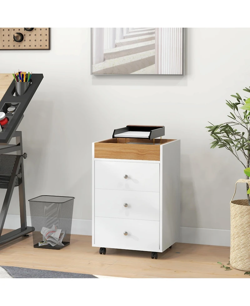 Homcom 3 Drawer Storage Cabinet with Wheels Tray for Home Office, Walnut