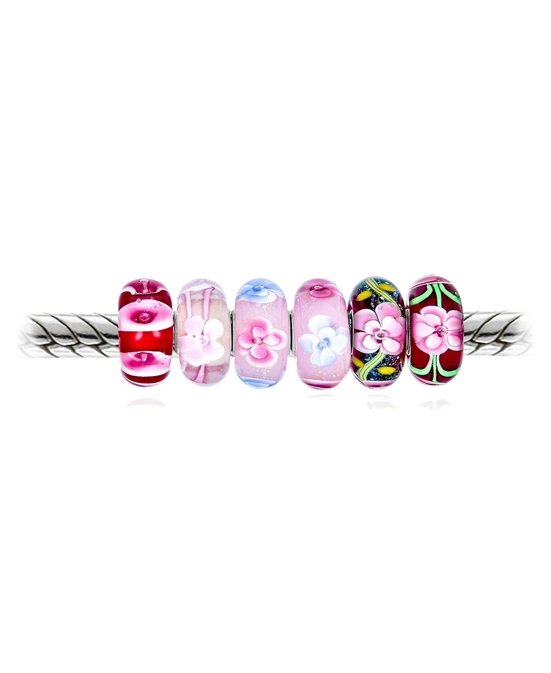 Bling Jewelry Mixed Set Of 6 Bundle .925 Sterling Silver Core Translucent Shades Of Red Pink Flower Rose Floral Murano Glass Charm Bead Spacer Fits Eu