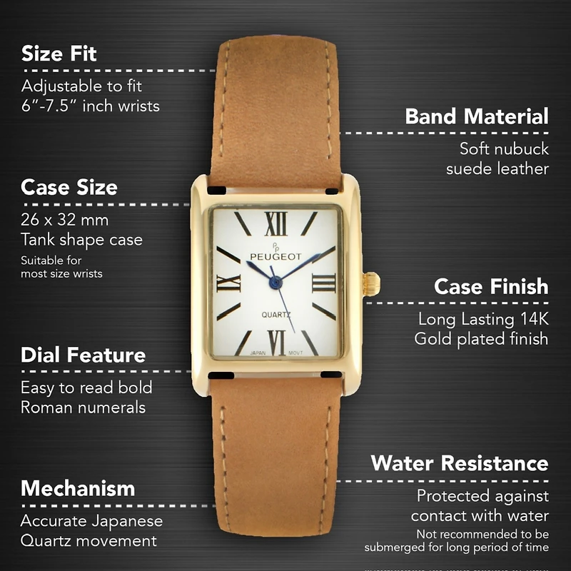 Peugeot Women's Tank Watch Roman Dial Brown Leather Strap