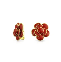 Bling Jewelry Retro Enamel Rose Flower Clip On Earrings Button Style For Non Pierced Ears Gold Plated Brass