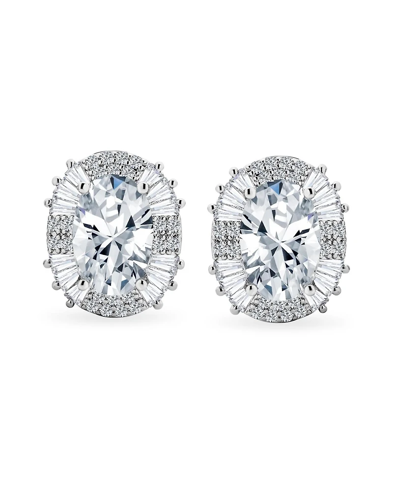 Bling Jewelry Art Deco Style Fashion Formal Holiday Party Large Oval Clear Cubic Zirconia Baguette Halo Cz Stud Clip On Earrings Non Pierced Ear