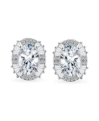 Bling Jewelry Art Deco Style Fashion Formal Holiday Party Large Oval Clear Cubic Zirconia Baguette Halo Cz Stud Clip On Earrings Non Pierced Ear