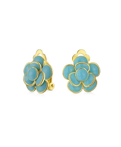 Bling Jewelry Retro Enamel Rose Flower Clip On Earrings Button Style For Non Pierced Ears Gold Plated Brass