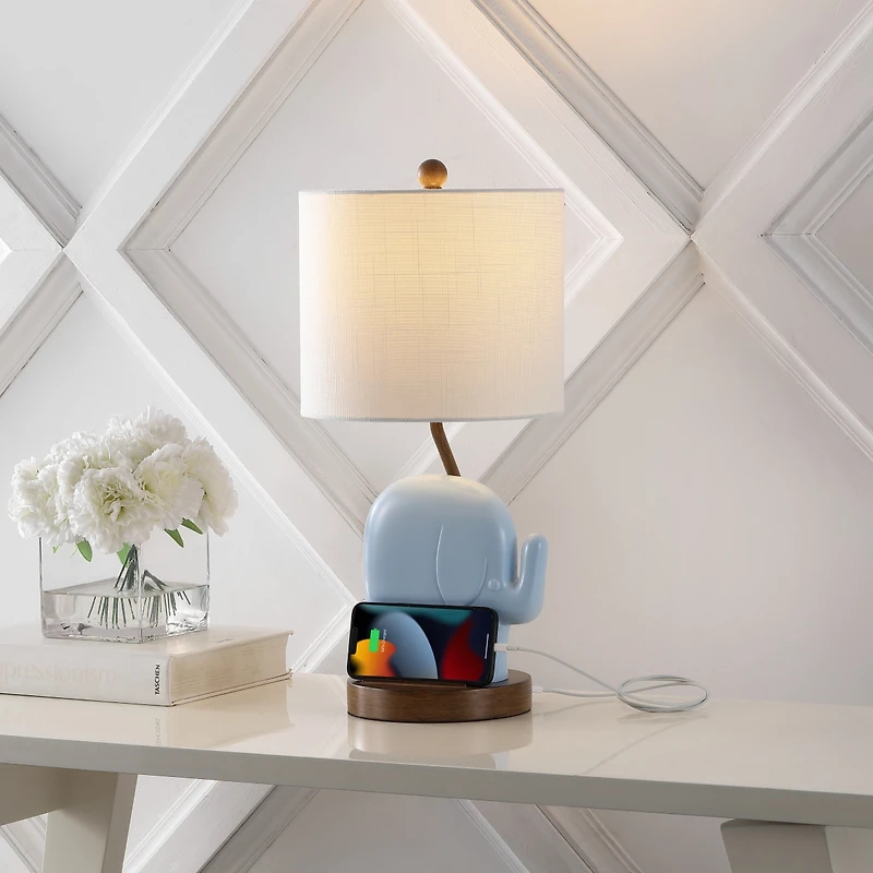 Jonathan Y Ellie 20.25" Bohemian Designer Iron/Resin Elephant Led Kids' Table Lamp with Phone Stand and Usb Charging Port, Pink