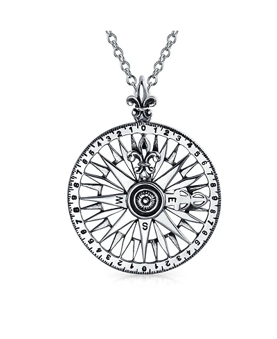 Bling Jewelry Round Medallion Navigation Direction Large Celtic Fleur De Lis Nautical Rose Compass Pendant Necklace Graduation Oxidized Sterling Silve
