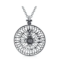 Bling Jewelry Round Medallion Navigation Direction Large Celtic Fleur De Lis Nautical Rose Compass Pendant Necklace Graduation Oxidized Sterling Silve