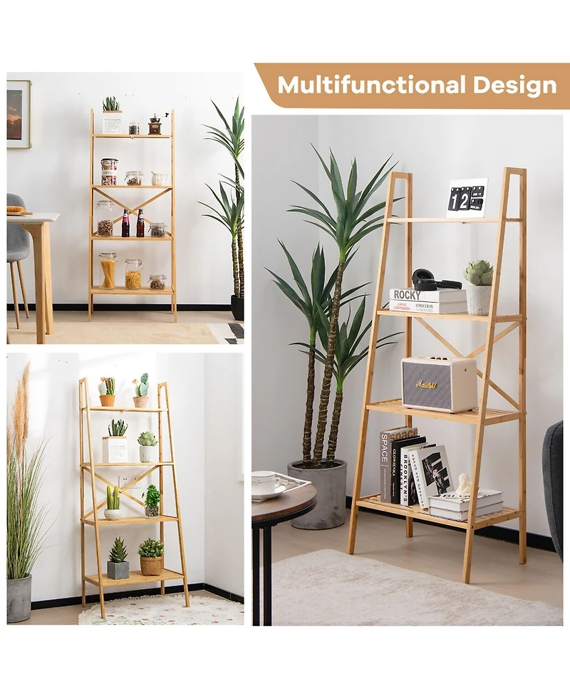 Gymax 4-Tier Bamboo Ladder Bookshelf 58'' Display Shelf Storage Rack Plant Flower Stand