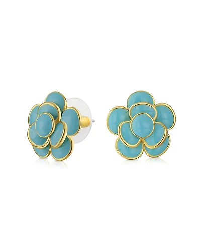 Bling Jewelry Set of 2 Fashion Enamel 3D Blue White Rose Flower Clip-On Earrings Gold Plated