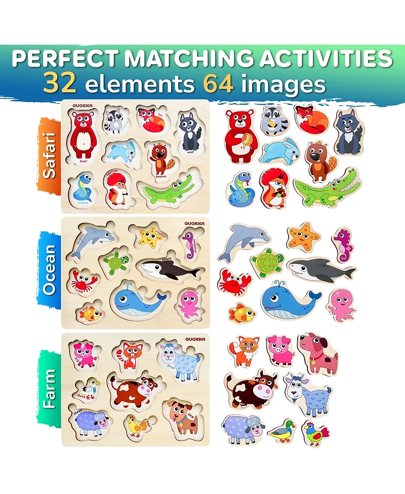 Quokka 3xSET Wooden Animal Peg Puzzles for Toddlers Ages 1-3-5