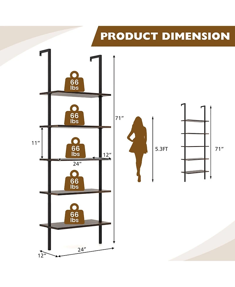Gymax 2 Pcs 5 Tier Ladder Shelf 71'' Wall-Mounted Bookshelf Display Storage Organizer