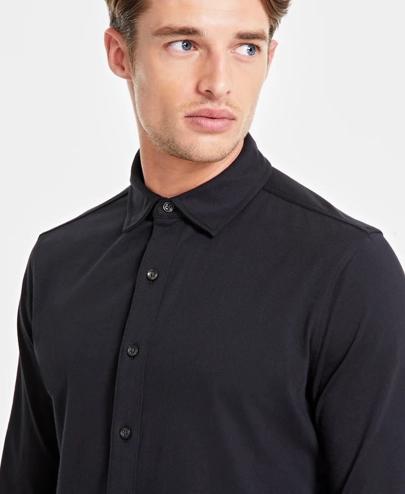 Alfani Men's Classic-Fit Heathered Jersey-Knit Button-Down Shirt, Created for Macy's